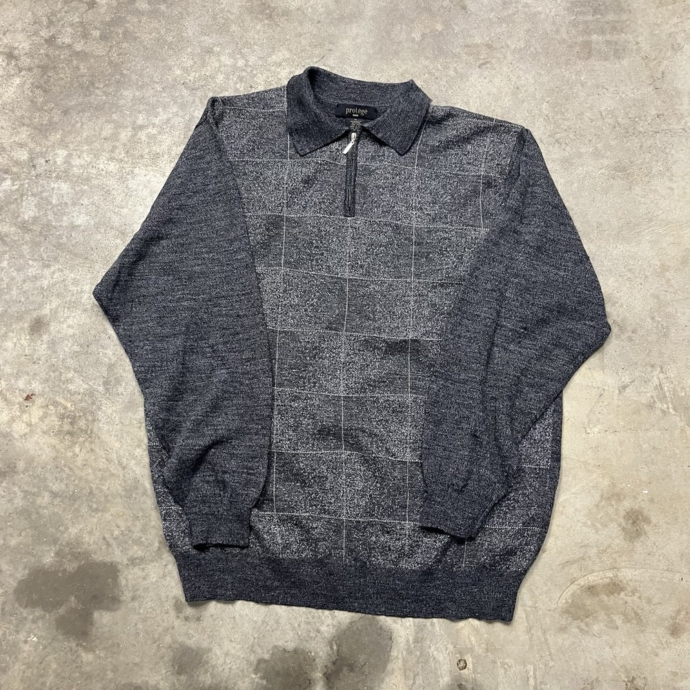 Protege Geometric Knit Sweater Mens XL Gray Wool 1/4 Zip Collared VTG